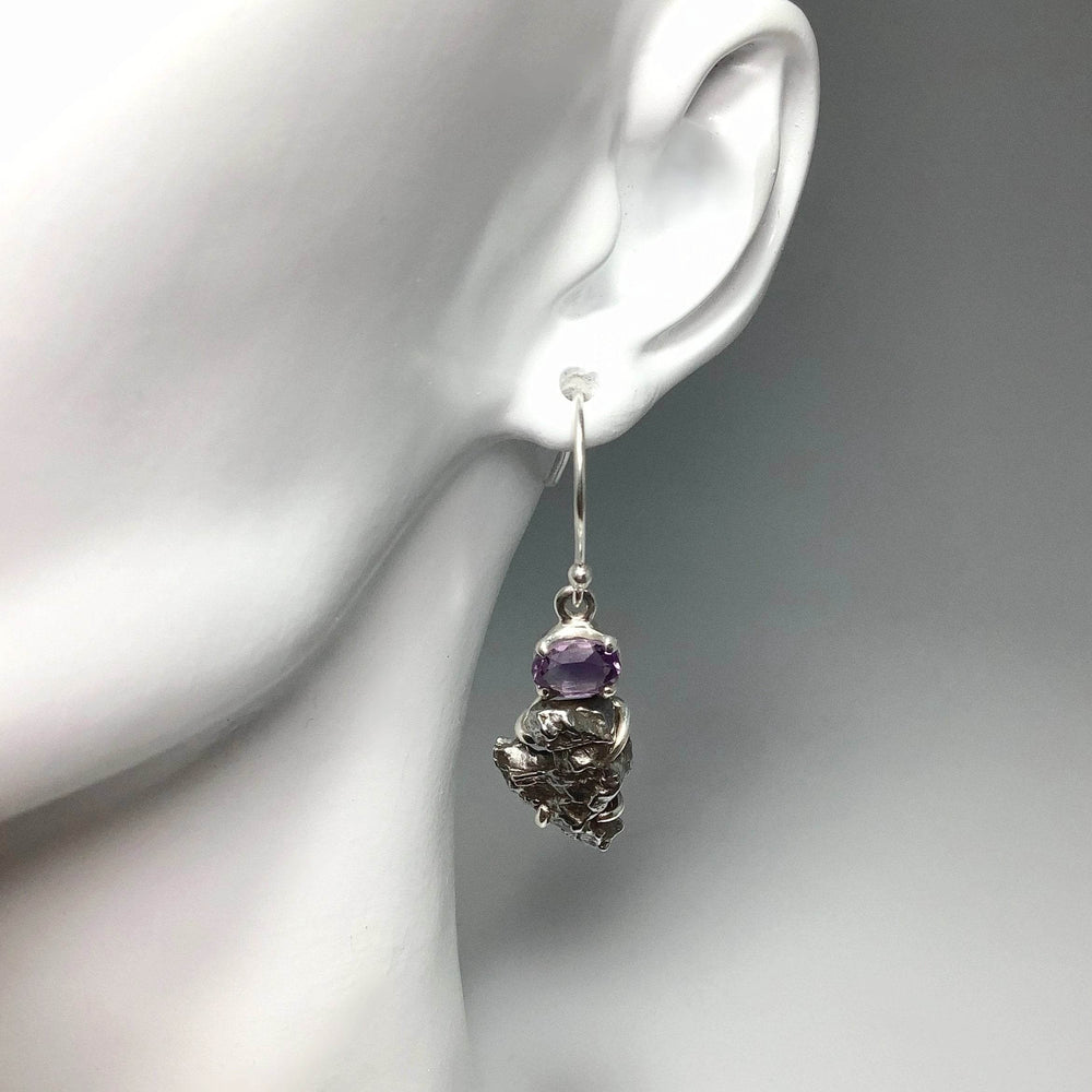 Campo Del Cielo Meteorite and Faceted Amethyst Dangle Earrings - Rocks and Gems Canada