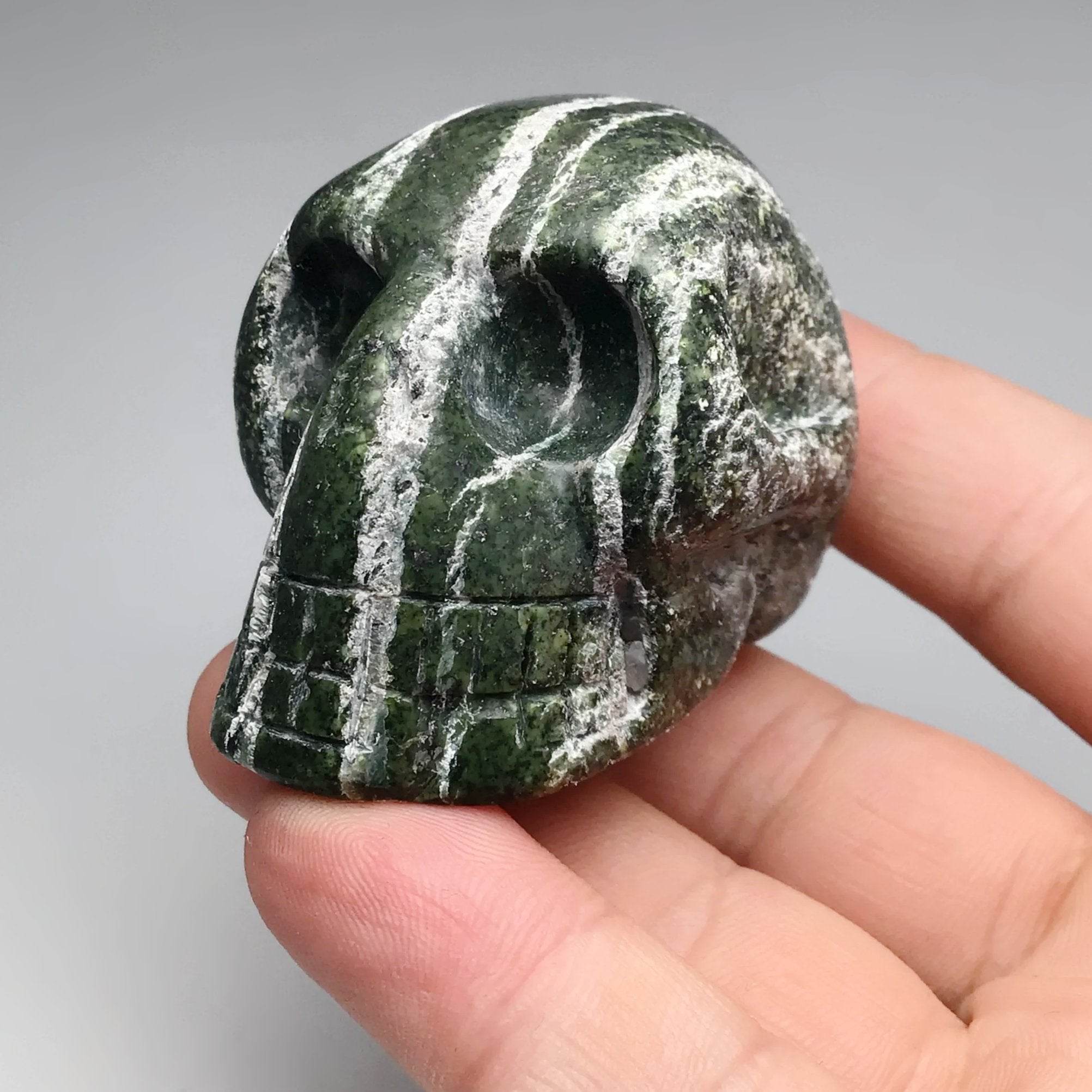 Carved Green Zebra Jasper Skull - Rocks and Gems Canada