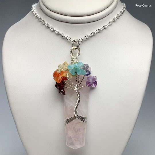 Wire Wrapped Flat Point with Chakra Tree of Life Necklace - Rocks and Gems Canada