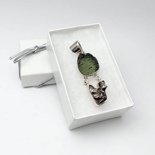 Moldavite with Campo Del Cielo Meteorite Pendant - Rocks and Gems Canada