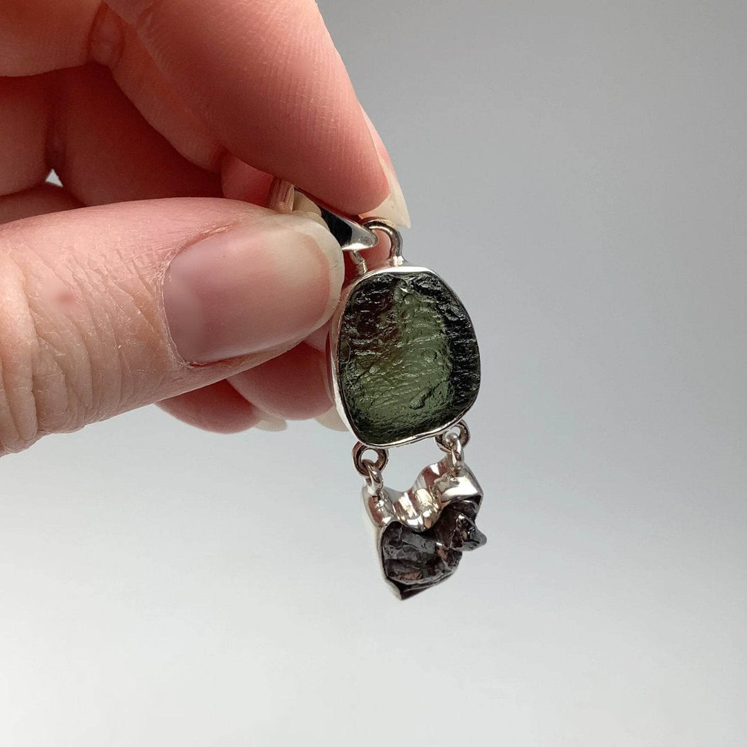 Moldavite with Campo Del Cielo Meteorite Pendant - Rocks and Gems Canada