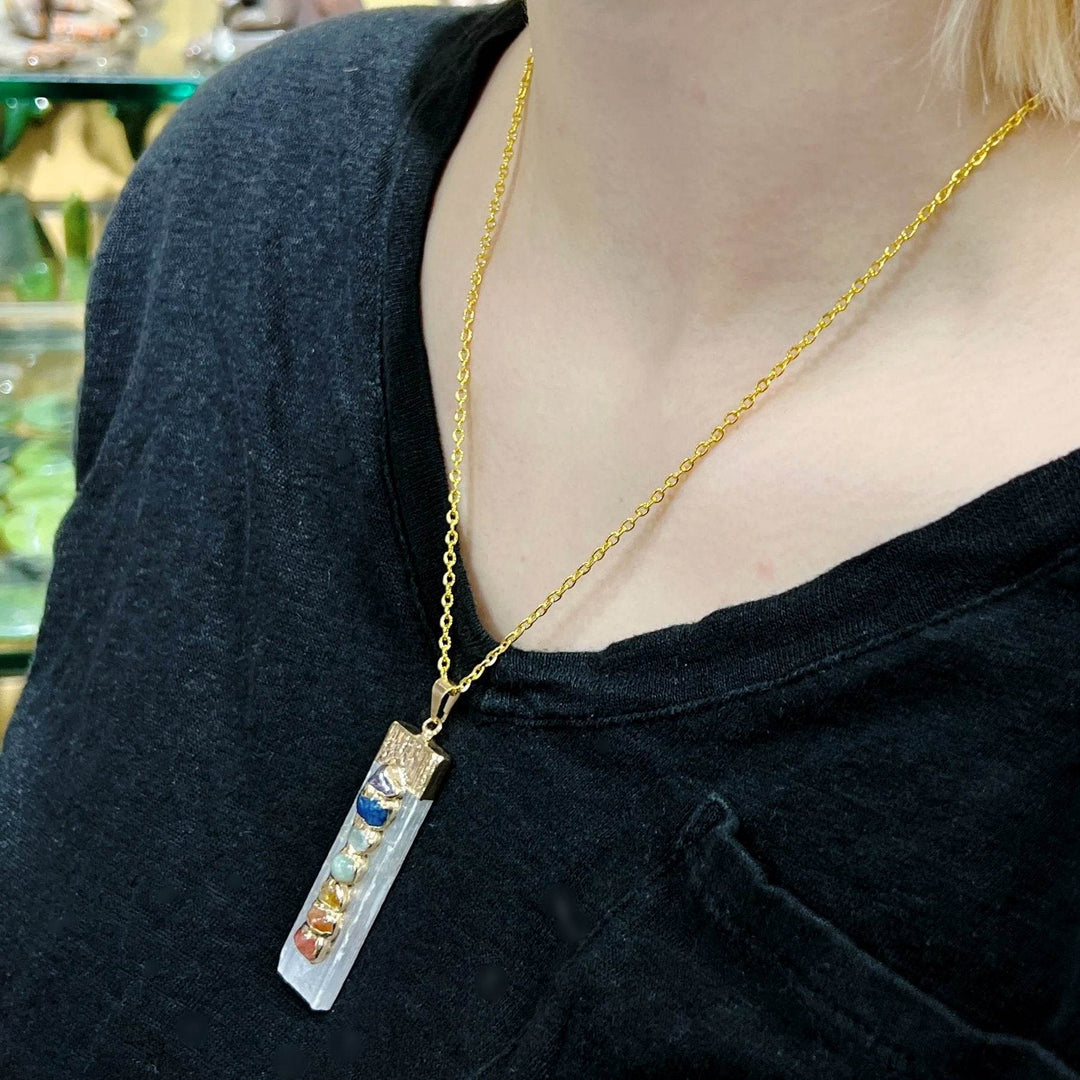 Selenite and Chakra Stone Necklace - Rocks and Gems Canada