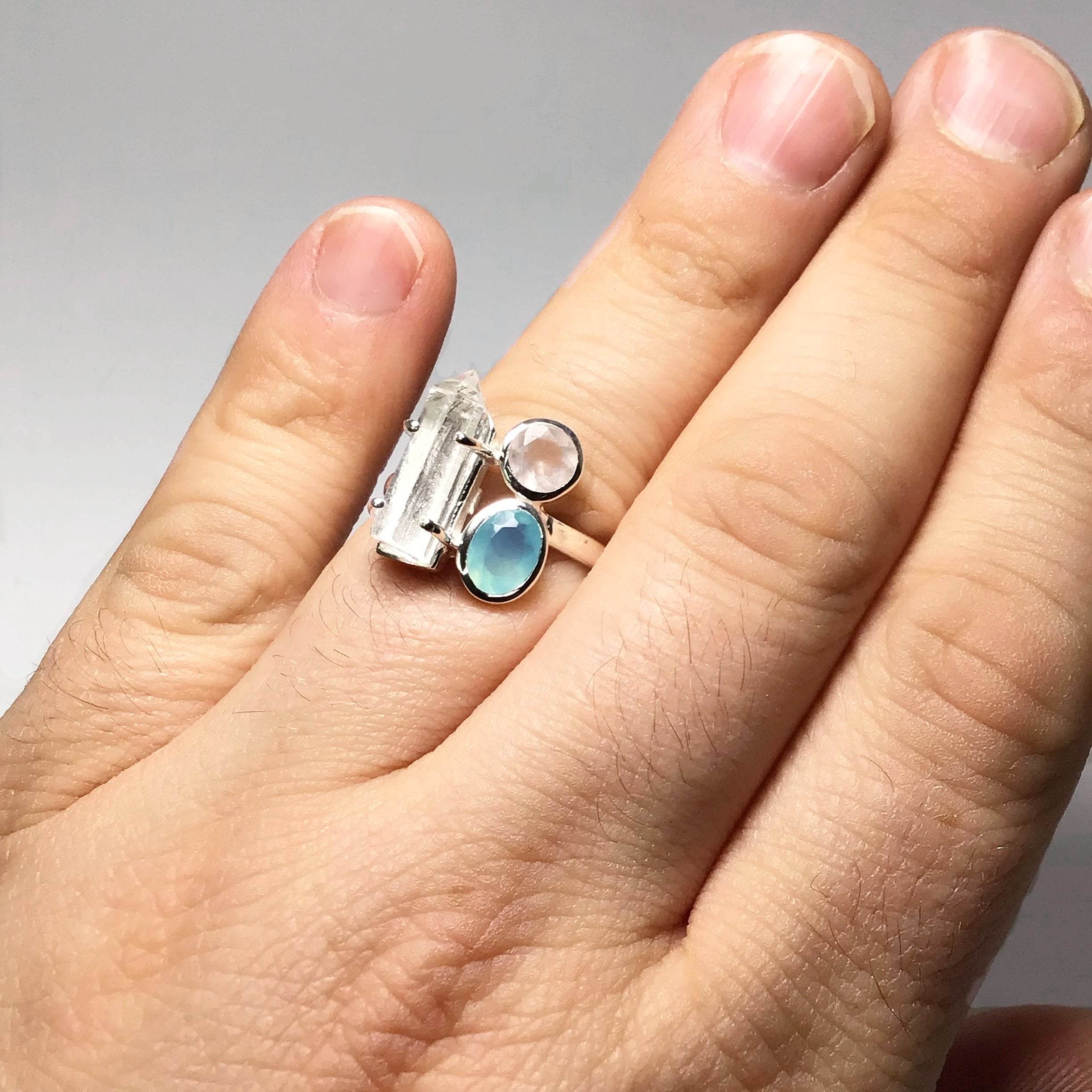 Quartz Point, Aqua Chalcedony and Rose Quartz Ring - Rocks and Gems Canada