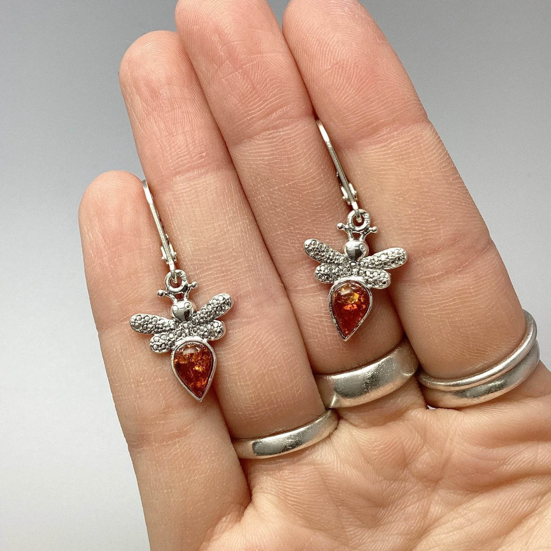 Cognac Amber Bee Dangle Earrings - Rocks and Gems Canada