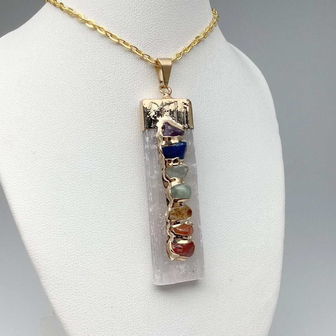 Selenite and Chakra Stone Necklace - Rocks and Gems Canada