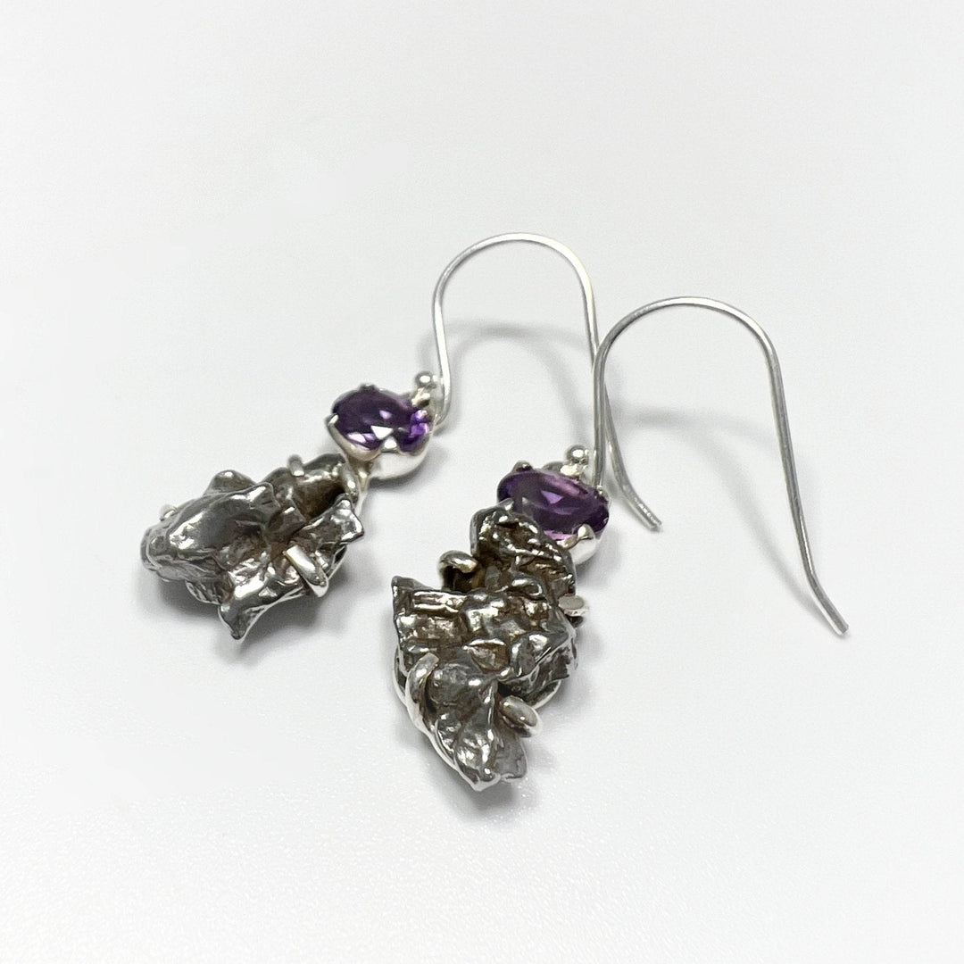 Campo Del Cielo Meteorite and Faceted Amethyst Dangle Earrings - Rocks and Gems Canada