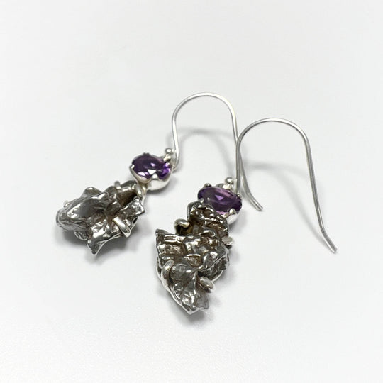 Campo Del Cielo Meteorite and Faceted Amethyst Dangle Earrings - Rocks and Gems Canada