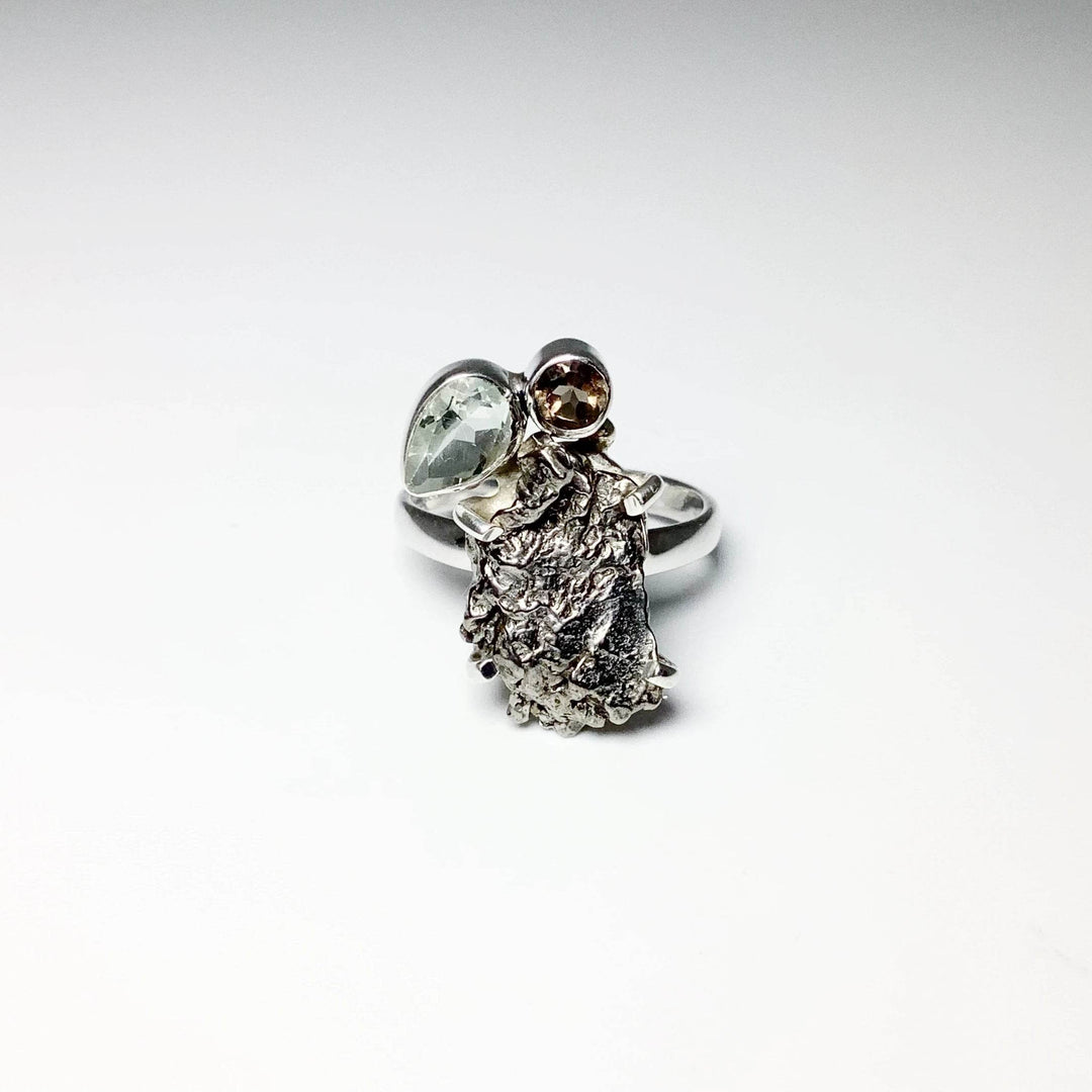 Campo Del Cielo Meteorite, Green Amethyst and Smoky Quartz Ring - Rocks and Gems Canada