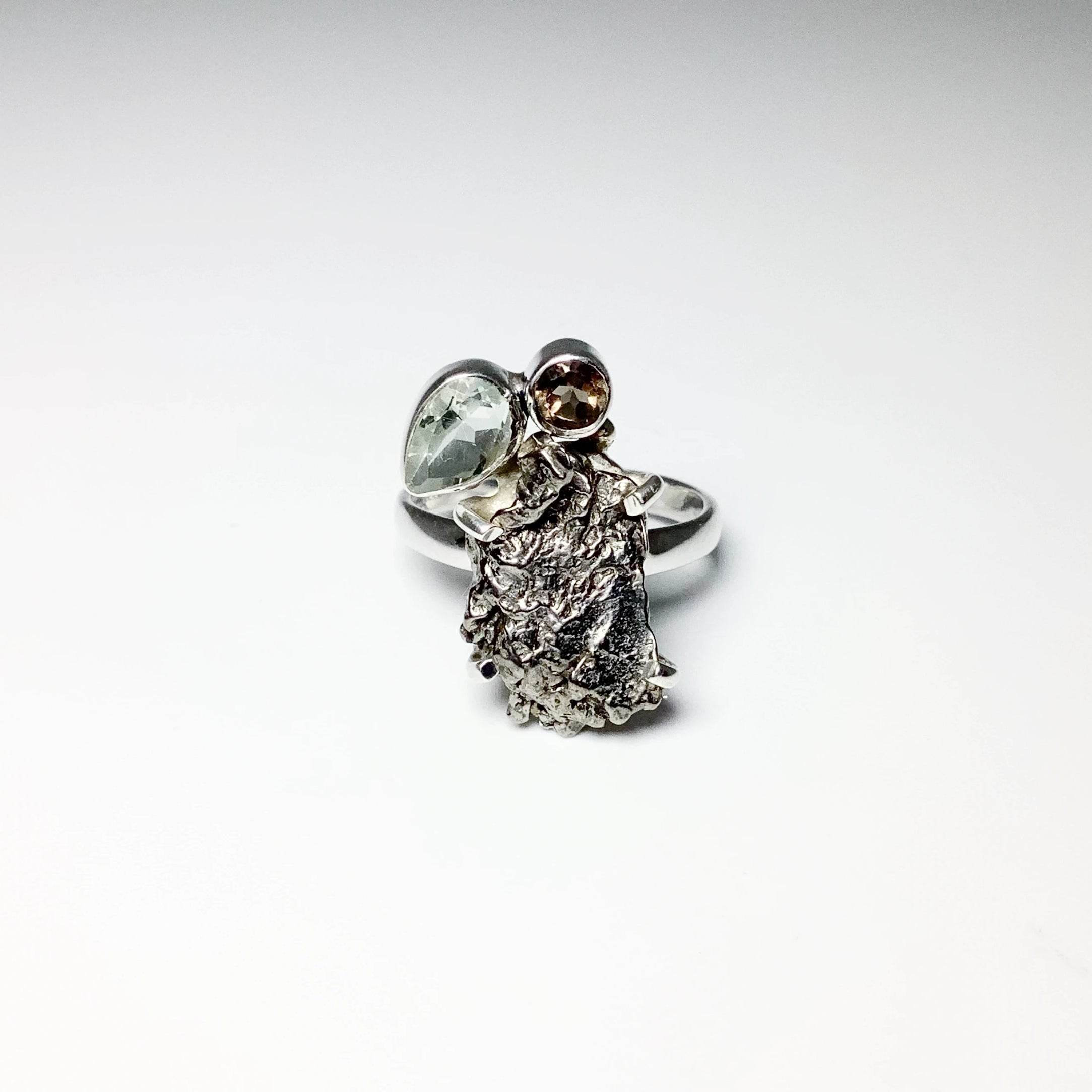 Campo Del Cielo Meteorite, Green Amethyst and Smoky Quartz Ring - Rocks and Gems Canada