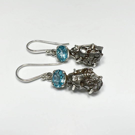 Campo Del Cielo Meteorite and Faceted Blue Topaz Dangle Earrings - Rocks and Gems Canada