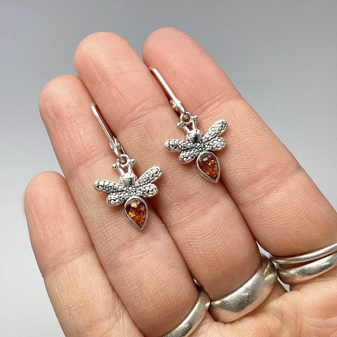 Cognac Amber Bee Dangle Earrings - Rocks and Gems Canada