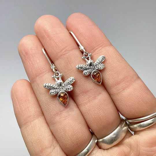 Cognac Amber Bee Dangle Earrings - Rocks and Gems Canada