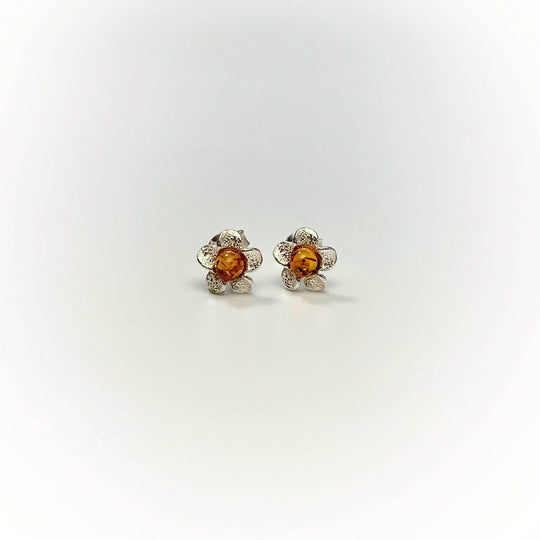 Cognac Amber Flower Stud Earrings - Rocks and Gems Canada