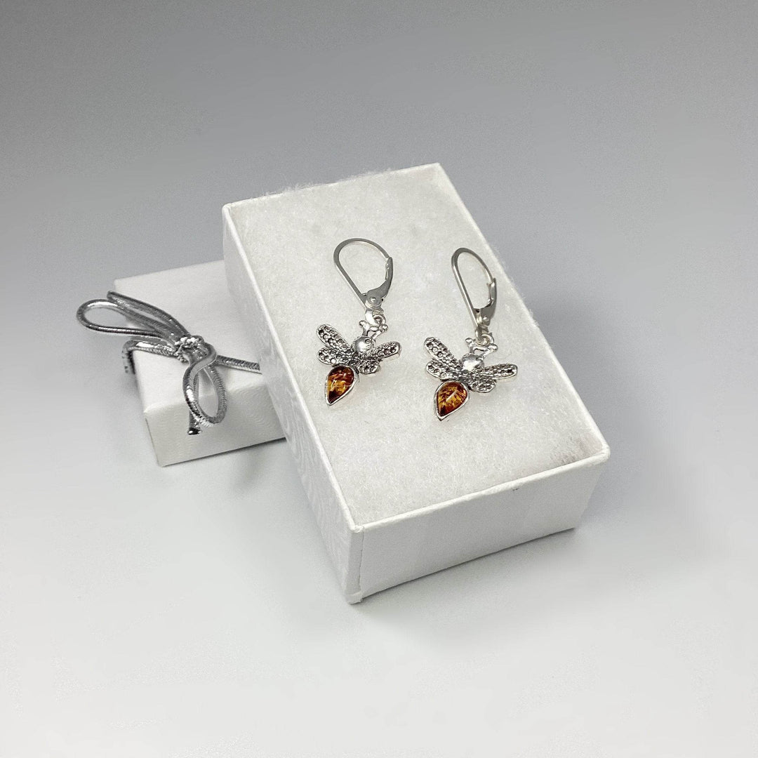 Cognac Amber Bee Dangle Earrings - Rocks and Gems Canada