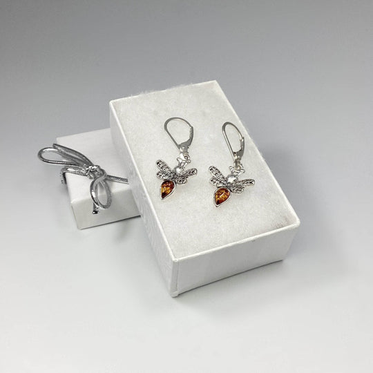 Cognac Amber Bee Dangle Earrings - Rocks and Gems Canada