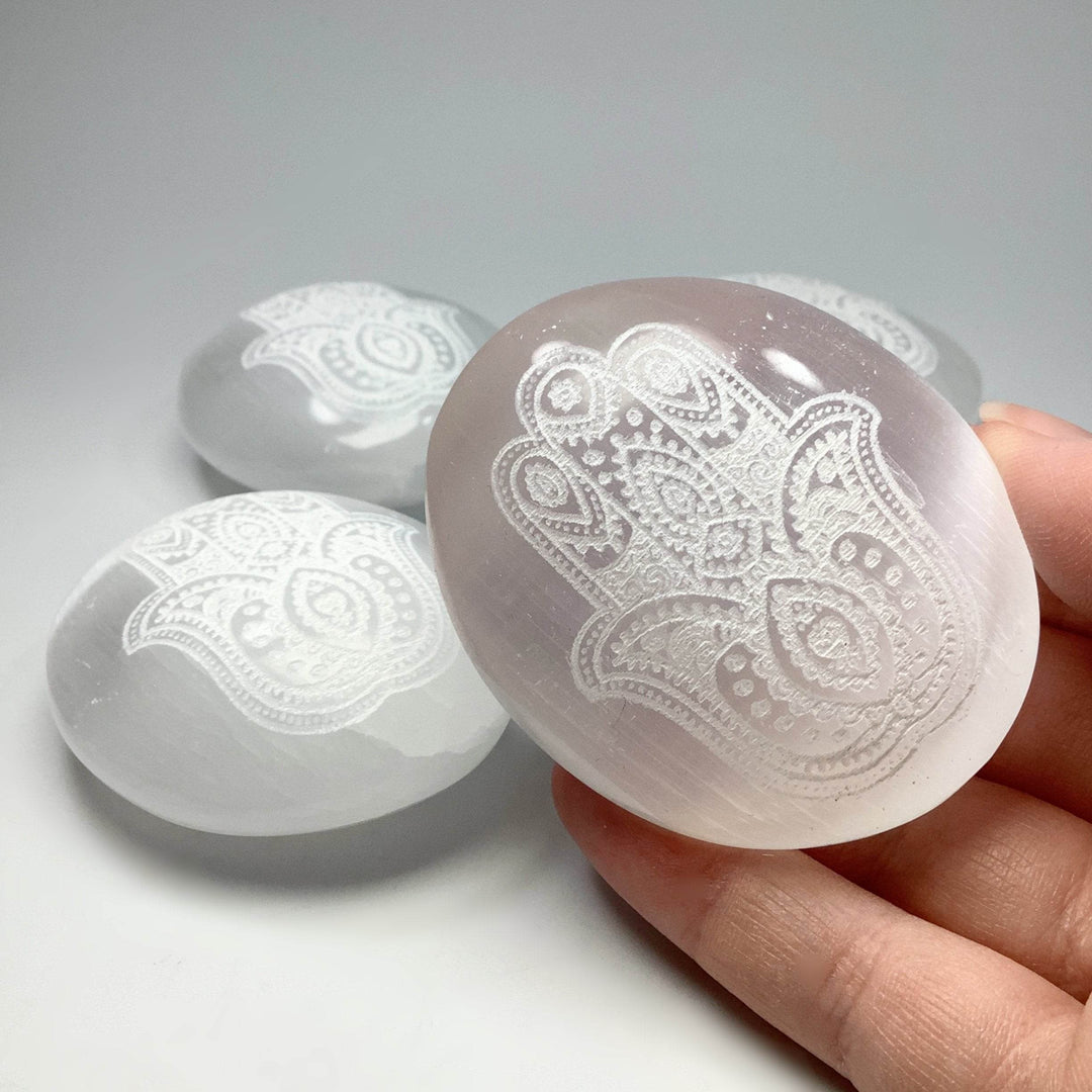 Selenite Palm Stone with Fatima Hand Engraving - Rocks and Gems Canada