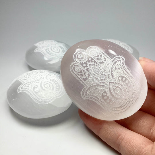 Selenite Palm Stone with Fatima Hand Engraving - Rocks and Gems Canada