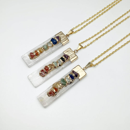 Selenite and Chakra Stone Necklace - Rocks and Gems Canada
