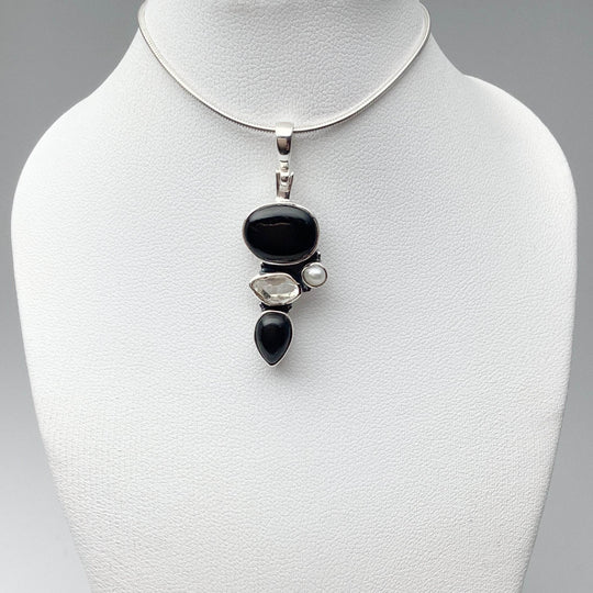 Black Onyx, Herkimer Diamond and Pearl Pendant - Rocks and Gems Canada