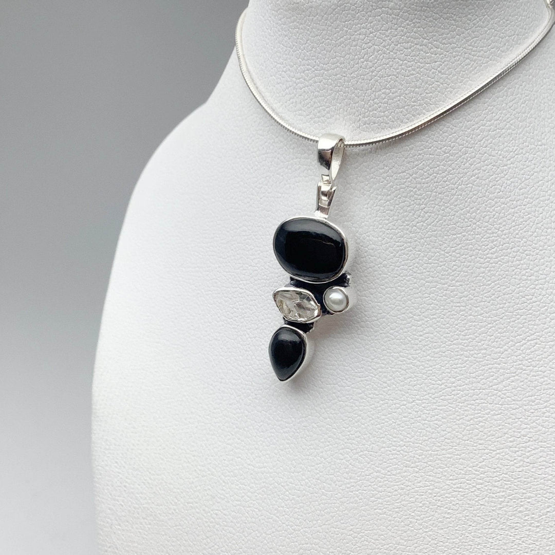 Black Onyx, Herkimer Diamond and Pearl Pendant - Rocks and Gems Canada