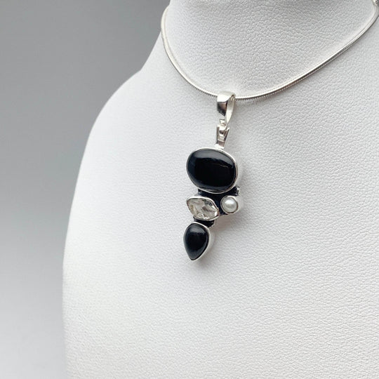 Black Onyx, Herkimer Diamond and Pearl Pendant - Rocks and Gems Canada