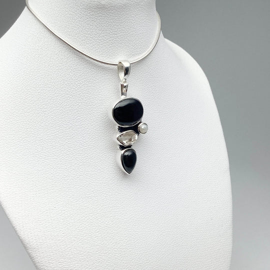 Black Onyx, Herkimer Diamond and Pearl Pendant - Rocks and Gems Canada