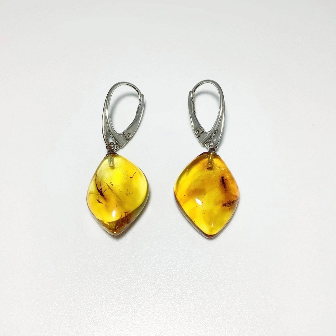 Amber with Preserved Insect Inclusion Dangle Earrings - Rocks and Gems Canada