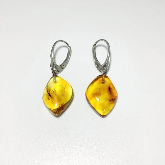 Amber with Preserved Insect Inclusion Dangle Earrings - Rocks and Gems Canada