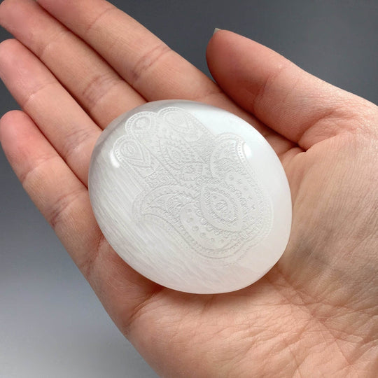 Selenite Palm Stone with Fatima Hand Engraving - Rocks and Gems Canada