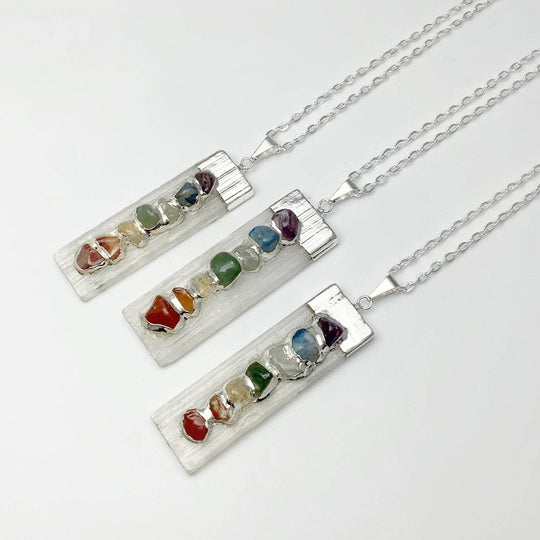 Selenite and Chakra Stone Necklace - Rocks and Gems Canada