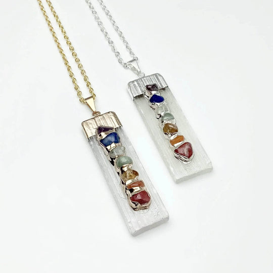 Selenite and Chakra Stone Necklace - Rocks and Gems Canada