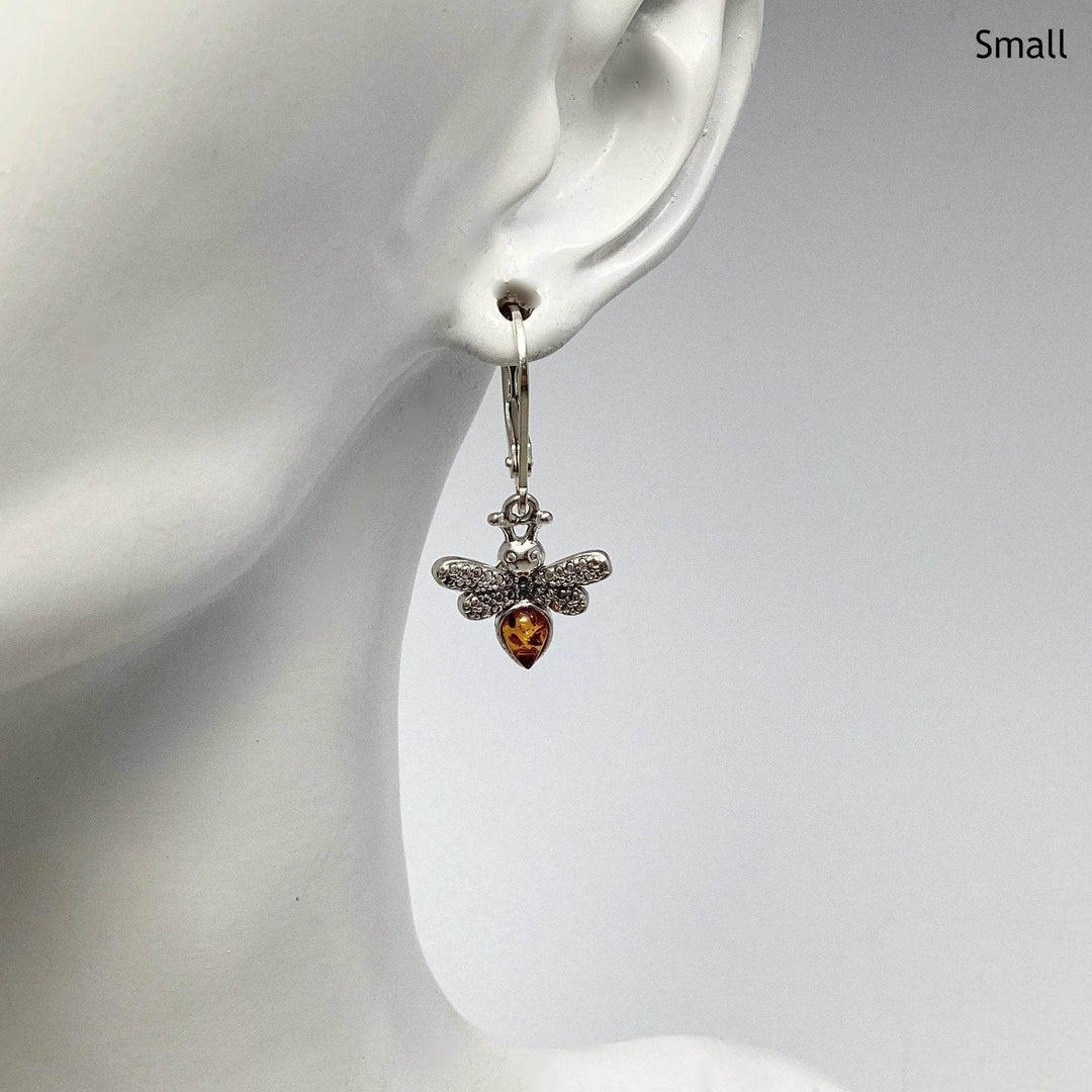 Cognac Amber Bee Dangle Earrings - Rocks and Gems Canada