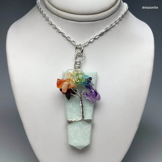 Wire Wrapped Flat Point with Chakra Tree of Life Necklace - Rocks and Gems Canada