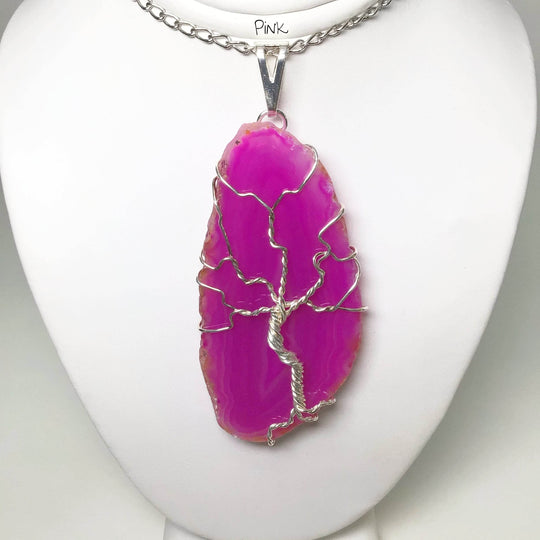 Tree of Life on Agate Slice Necklace - Silver Plated - Rocks and Gems Canada