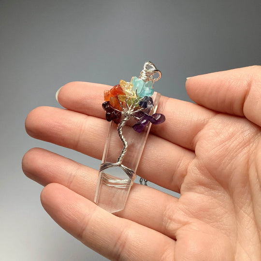Wire Wrapped Flat Point with Chakra Tree of Life Necklace - Rocks and Gems Canada