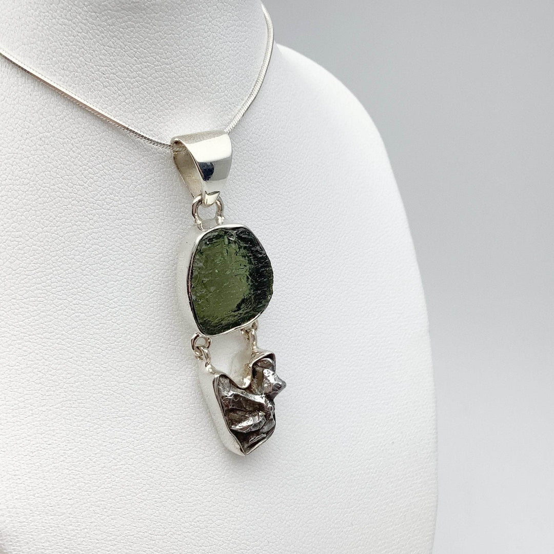 Moldavite with Campo Del Cielo Meteorite Pendant - Rocks and Gems Canada