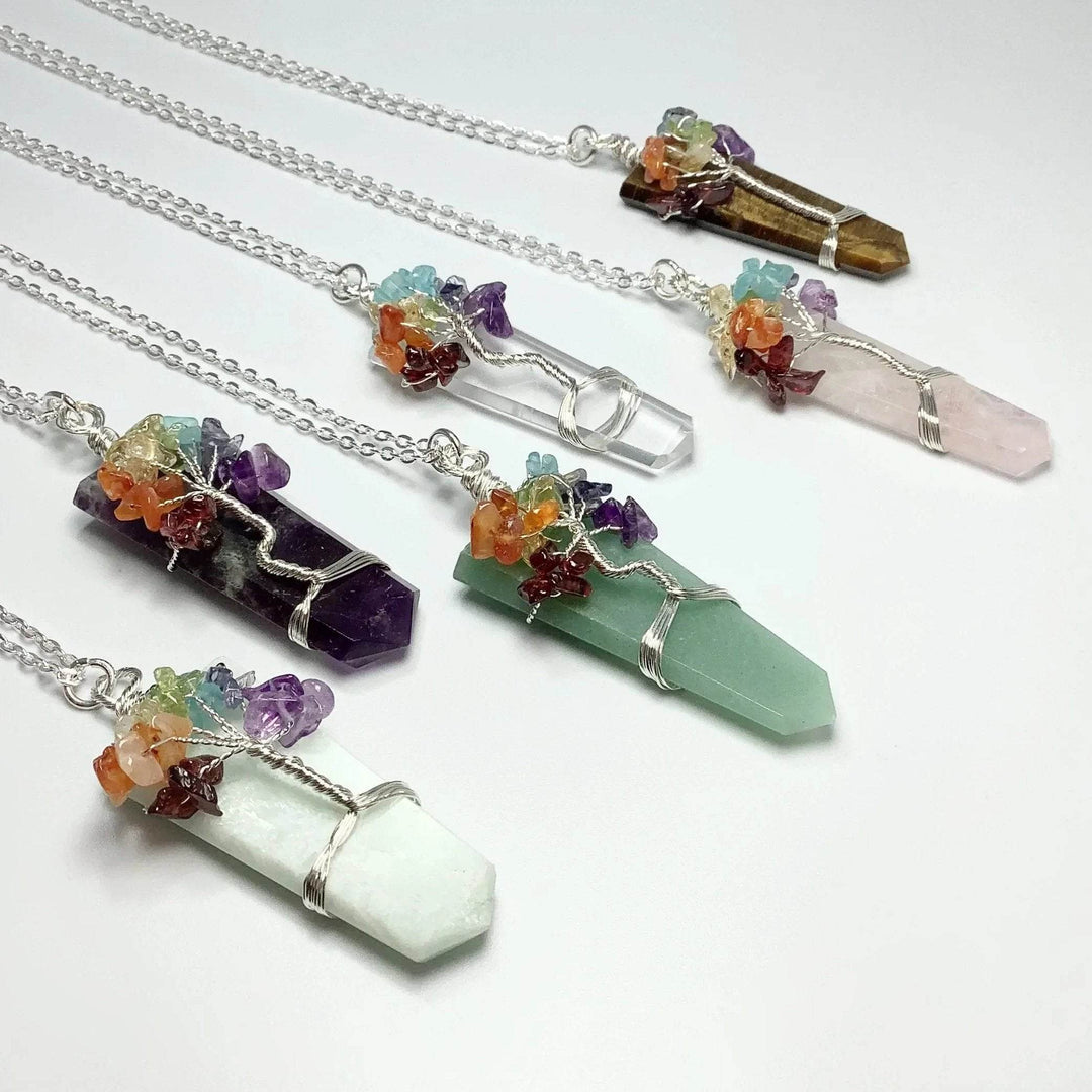 Wire Wrapped Flat Point with Chakra Tree of Life Necklace - Rocks and Gems Canada