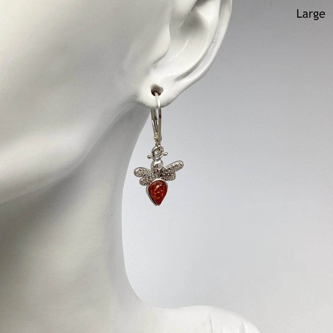 Cognac Amber Bee Dangle Earrings - Rocks and Gems Canada