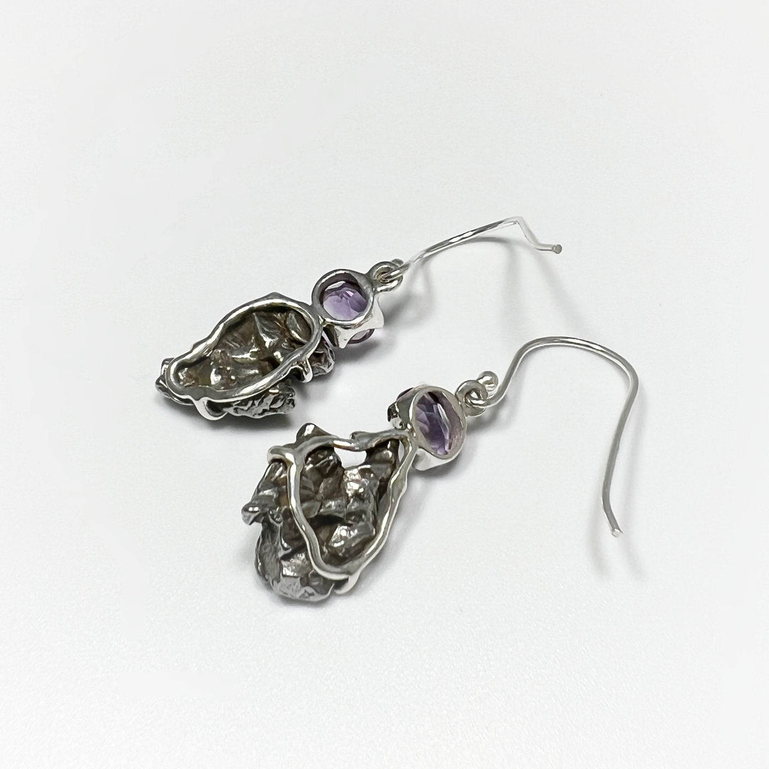 Campo Del Cielo Meteorite and Faceted Amethyst Dangle Earrings - Rocks and Gems Canada