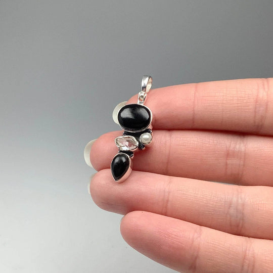 Black Onyx, Herkimer Diamond and Pearl Pendant - Rocks and Gems Canada