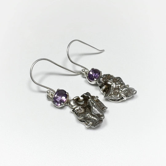 Campo Del Cielo Meteorite and Faceted Amethyst Dangle Earrings - Rocks and Gems Canada