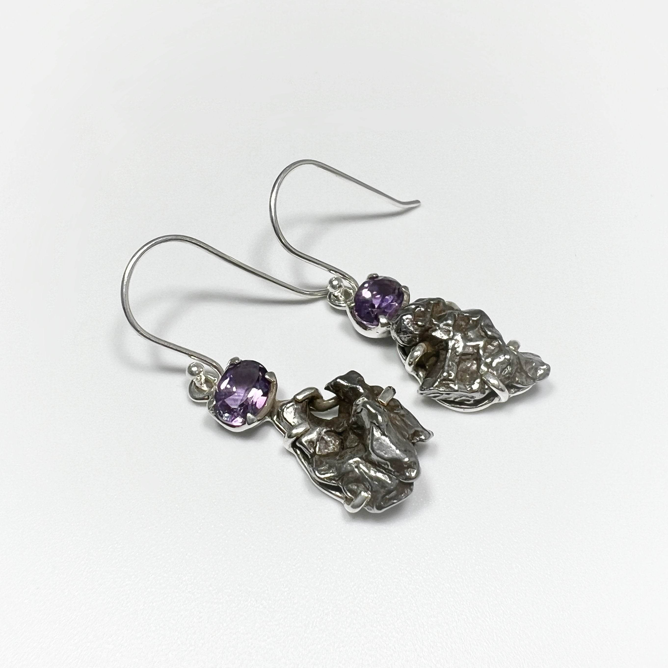 Campo Del Cielo Meteorite and Faceted Amethyst Dangle Earrings - Rocks and Gems Canada