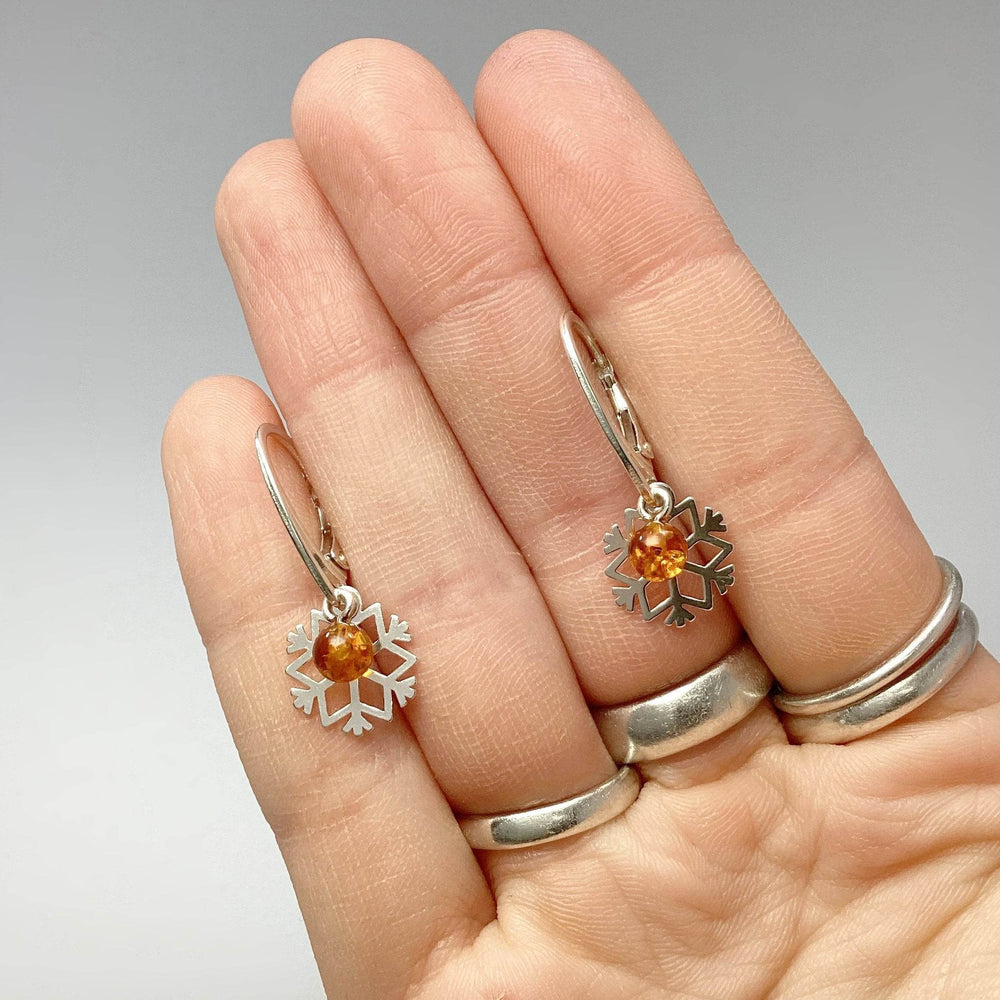 Cognac Amber Snowflake Dangle Earrings - Rocks and Gems Canada