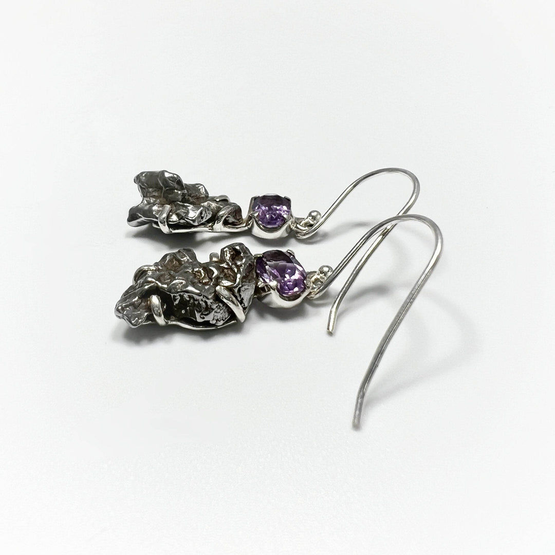 Campo Del Cielo Meteorite and Faceted Amethyst Dangle Earrings - Rocks and Gems Canada
