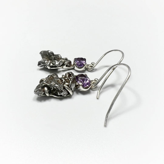 Campo Del Cielo Meteorite and Faceted Amethyst Dangle Earrings - Rocks and Gems Canada