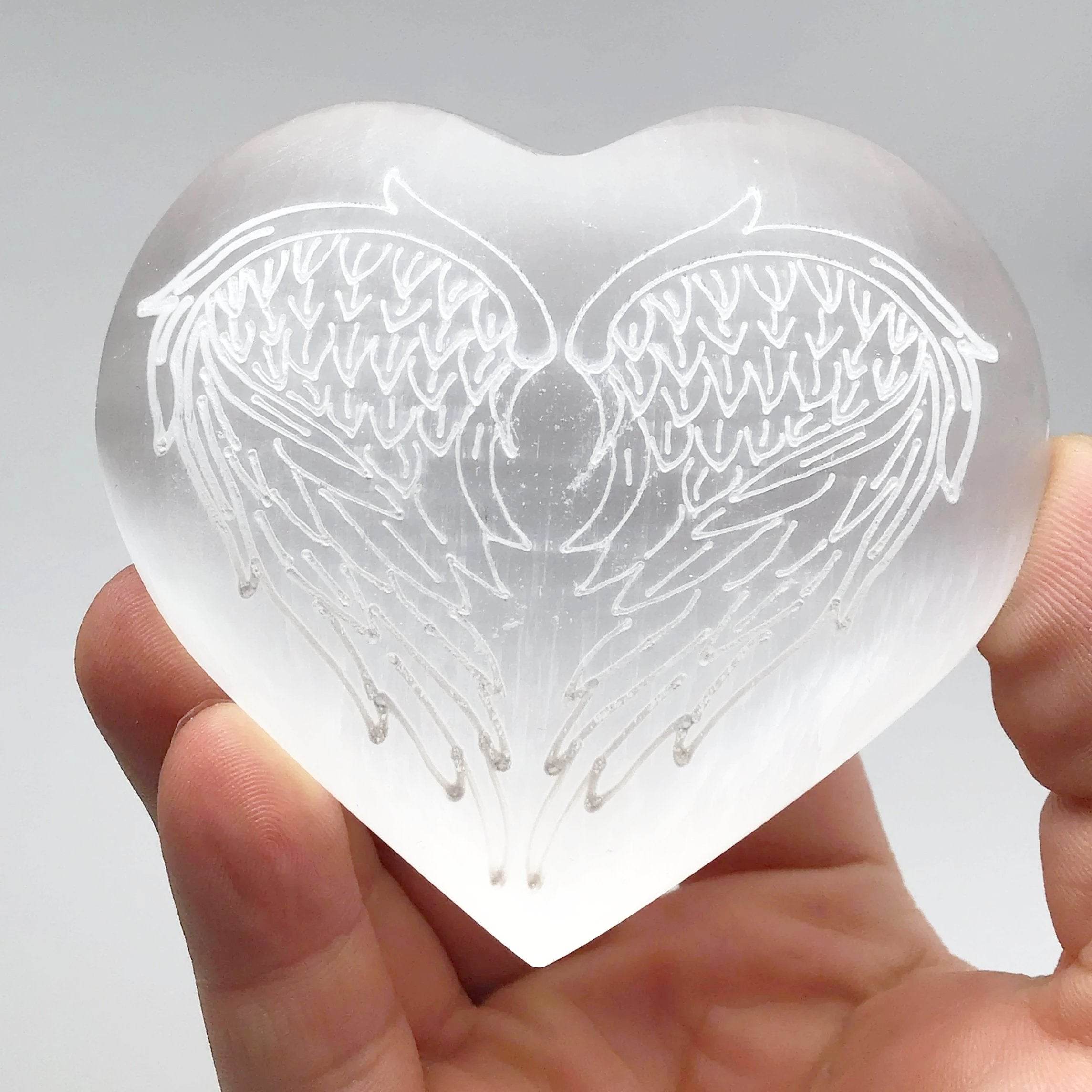 Selenite Heart with Angel Wing Engraving - Rocks and Gems Canada