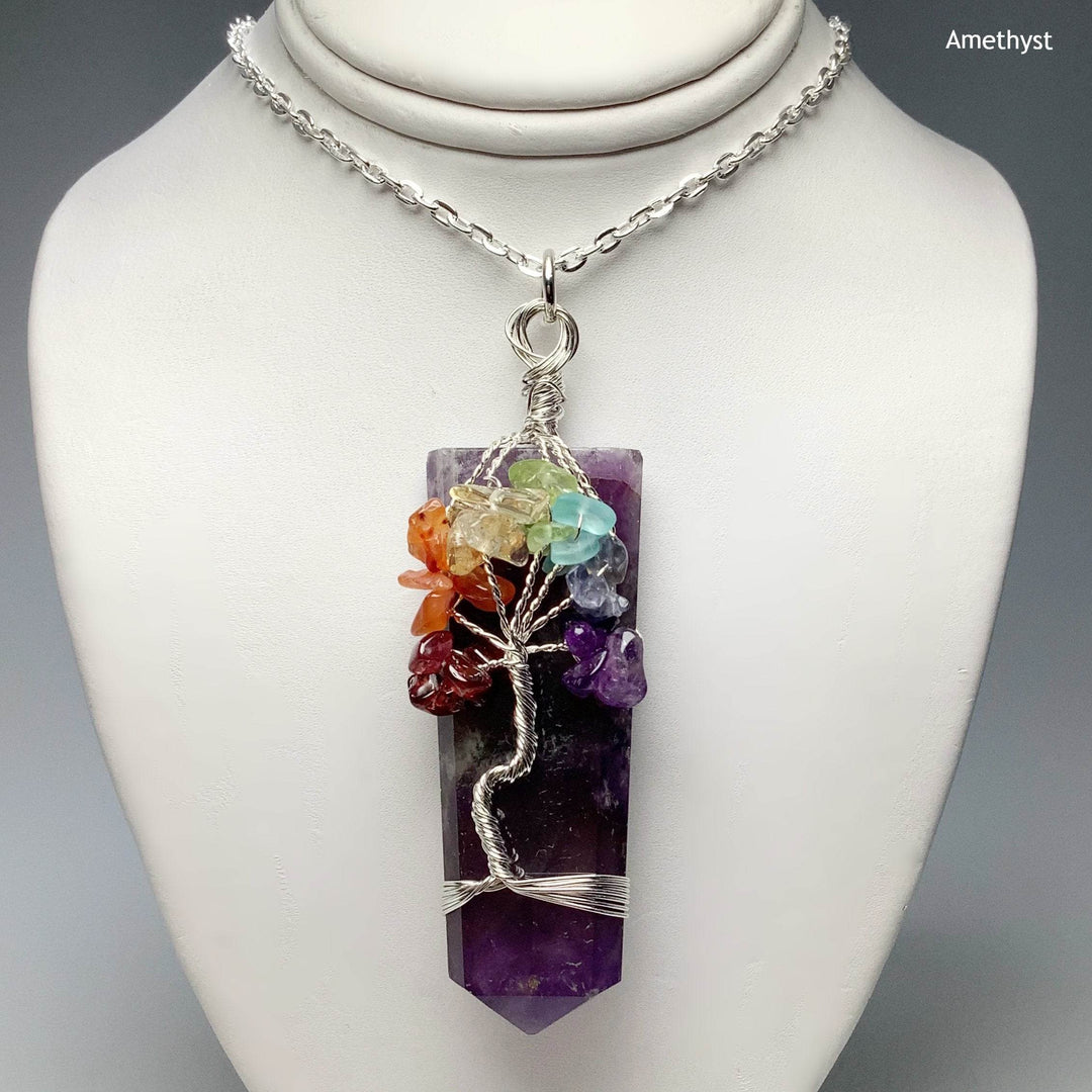 Wire Wrapped Flat Point with Chakra Tree of Life Necklace - Rocks and Gems Canada