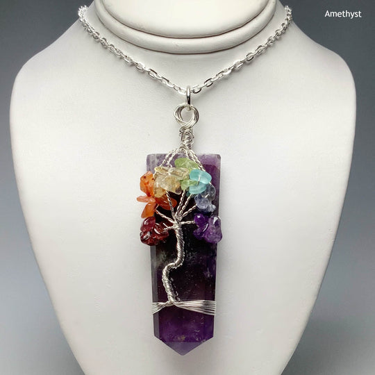 Wire Wrapped Flat Point with Chakra Tree of Life Necklace - Rocks and Gems Canada