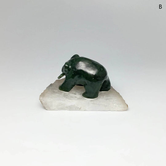 BC Jade Bear with Fish Carving on Natural Agate Base - Rocks and Gems Canada