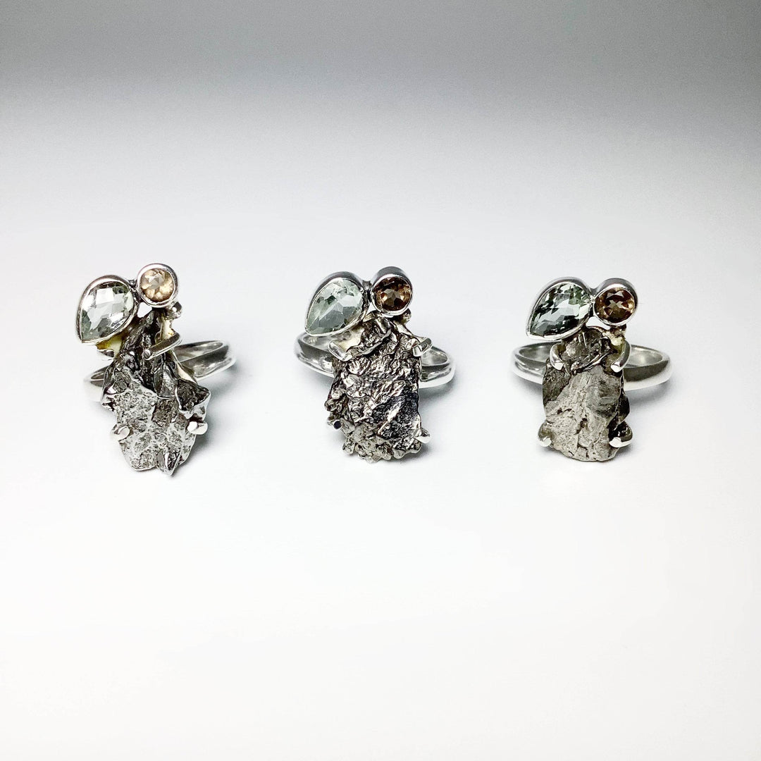 Campo Del Cielo Meteorite, Green Amethyst and Smoky Quartz Ring - Rocks and Gems Canada